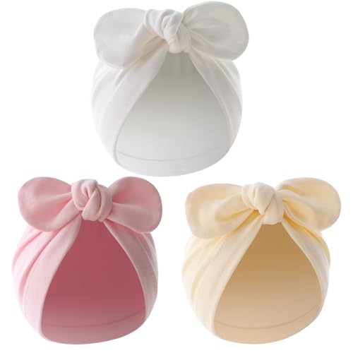 Image of Newborn Baby Hats - 3 Tops Cute Bow Unisex Exquisite Bonnet, Toddler Hat, Suitable for Birthday Party, Outdoor Event, Daily Wear Turban Pink