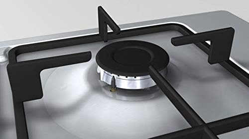 Close-up of a single gas burner and cast iron pan support on the Bosch PBP6C5B60Q Gas Hob