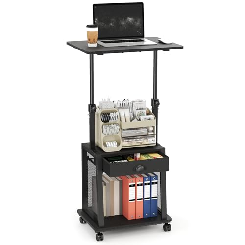 Height Adjustable Standing Desk with Wheels Mobile Sit Stand Up Desk with Drawer Rolling Laptop Computer Desk with storage Portable Podium Teacher Stand Desk Narrow Walking Pad Desk for Home Office