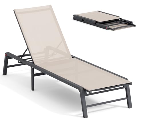 FHVIT Aluminum Chaise Lounge Chair Outdoor, Foldable Patio Lounge Chair Assemble-Free, Pool Lounge Chairs with 5 Adjustable Backrest, Outdoor Lounge Chairs for Outside Poolside Beach Lawn Beige