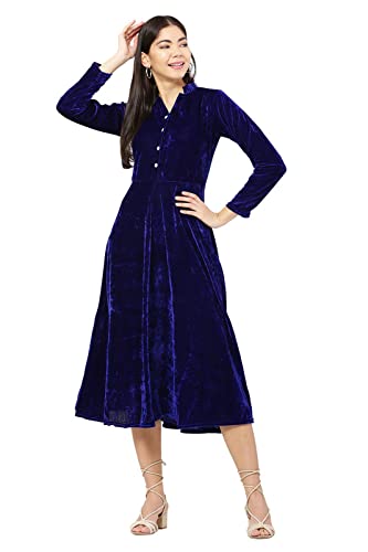 Image of Women's Midi Velvet Short DressWith Band Collar and Sleeve