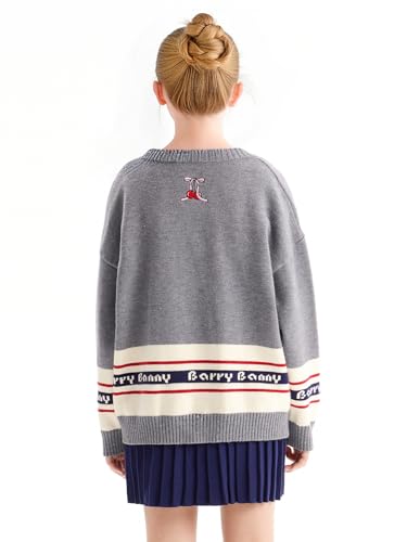 Girls Grey Knit Cardigan with Red & Blue Stripes - Cozy Long Sleeve Open Front Sweater with Logo Detail 6-16Y4