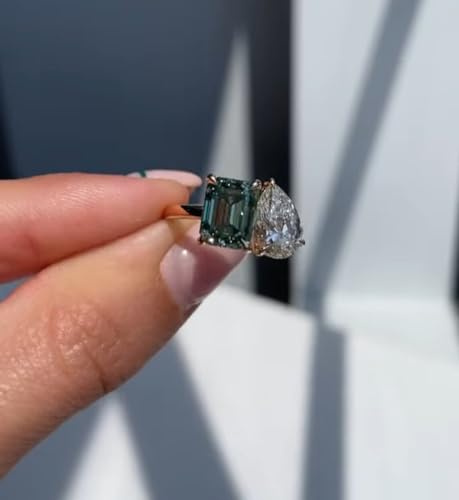 Luxury Two-Stone Engagement Ring, Green Tourmaline and Moissanite, 9x7mm Octagon and Pear Cut, 925 Sterling Silver, Gold Plated2