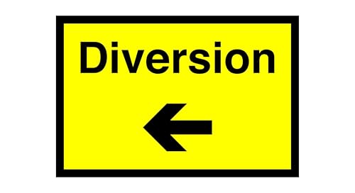 Image of Diversion arrow "left" sign - warning road, street sign - 1.2mm Rigid plastic for indoor/outdoor usage (300mm x 200mm) Viewing Distance within 7m.