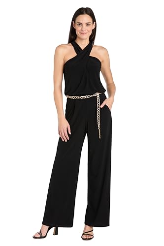 R&M Richards Chic Criss-Cross Halter Formal Jumpsuit W/Chian Blet &