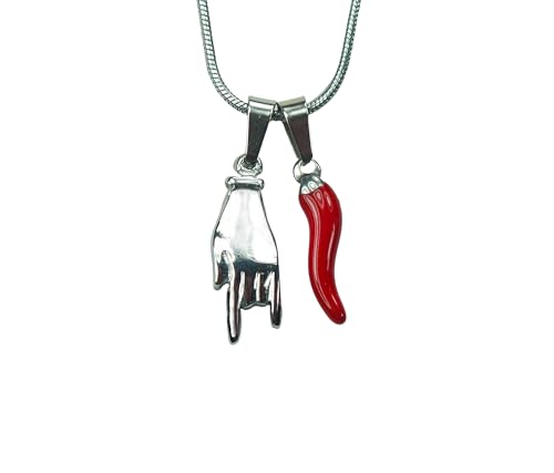 Red Cornicello and Mano Cornuto Necklace, Italian Lucky Hand and Horn, Stainless Steel with Red Enamel, Good Luck Amulet Protection Charms, with Smooth Snake Chain2