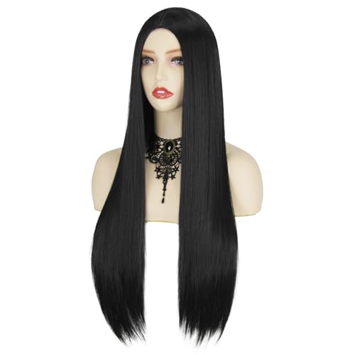 Fover FE029BK Black Wigs For Gothic Costume Women Halloween Costume Long Black Wig With Necklace Natural Cute Straight Wigs thumb #4