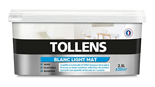 Tollens - Peinture Blanche Lumineuse Mat - Toutes pièces - Pour Murs, Plafonds et Boiseries - Lessivable - 2,5L = 30m2 Cover