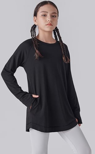 2-Pack Girls' Loose Fit Long Sleeve Tunic Tops with Pockets and Thumb Holes, Casual T Shirts for Tween Kids2