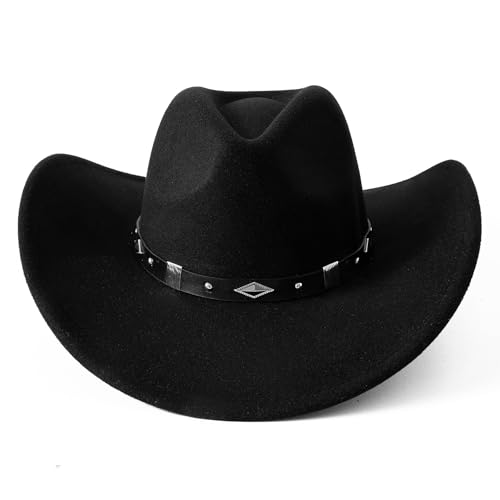 Lanzom Women Men Classic Felt Wide Brim Western Cowboy Cowgirl Hat with Belt Buckle3