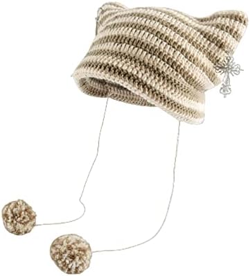 AONUOWE Grunge Beanies Crochet Knitted Hats for Women Girls Fox Cat Ear Goth Emo Alt Y2K Accessories Grunge Clothes (One Size,Khaki)