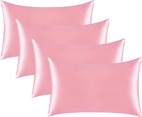 Satin Pillowcase for Hair and Skin, Black Pillow Cases Standard Size Set of 4 Pack Super Soft Pillow Case with Zipper Closure (Pink, Standard(4 Pack))