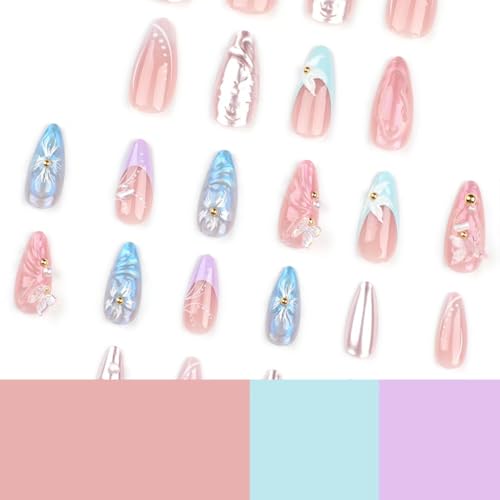 Image of Flower Nail Press ons Butterfly Fake Nails with 3D Design Medium Almond False Nails French Tip Glue on Nials Reusable Artificial Acrylic Full Cover Spring Stick on Nails for Women Girls Manicure 24Pcs