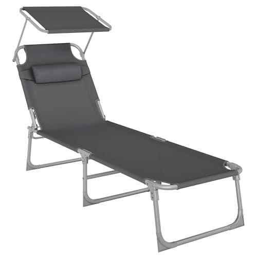 SONGMICS Bain de Soleil, Chaise Longue Pliable, 193 x 53 x 29 cm, Capacité de 150 kg, avec Pare-soleil, Appuie-Tête, Dossier...