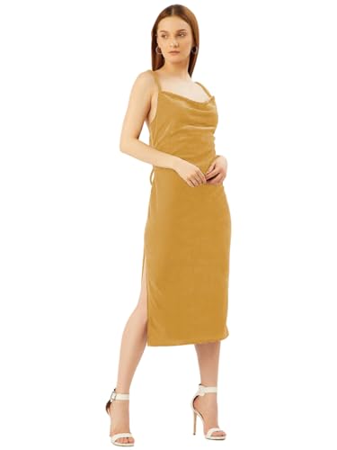 Image of Anvi Be Yourself Women's Solid Shoulder Strap Sleeveless Velvet Midi Bodycon Dress || Trendy Womens Cowl Neck Strappy Sheath Casual Dress with Side Slit || Western Plain One Piece Dress for Women