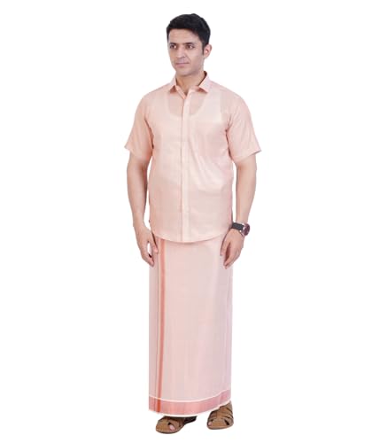 Image of Men's Traditional Indian Shirt and Dhoti Set, Half Sleeves Tissue Silk Cotton Shirt With Dhoti 2 metres for men