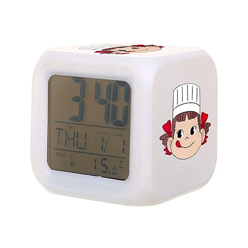 目覚まし時計 LEDカラフル ペコちゃん 目覚ましライト 置き時計 デジタル時計 テーブルクロック 7色ライト変換 温度計 時間 月日 曜日 温度計付き 卓上時計 目ざまし時計 電池式 ダブルアラーム スヌーズ機能付き 虹色ライト 部屋 寝室用