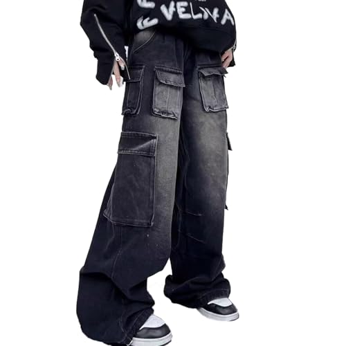 Mens Baggy Cargo Jeans Y2k Wide Leg Grunge Denim Pants Vintage Hip Hop Jnco Streetwear Jeans with Pockets