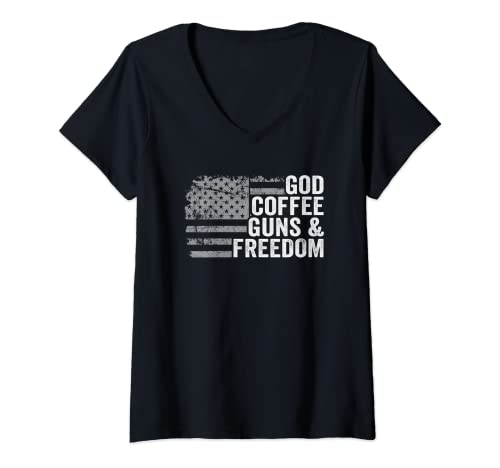 Mujer GOD CAFFEE GUNS & FREEDOM - Funny Pro Gun Bandera de Estados Unidos Camiseta Cuello V