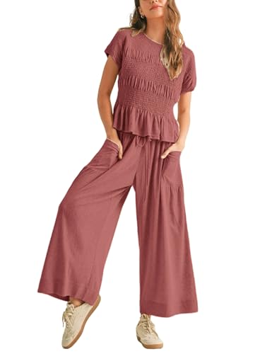 Antnation Womens 2 Piece Smocked Top Wide-Leg Pants Set High-Waisted Lounge Outfit with Pockets Casual Boho Matching Set(DustyPink-M)
