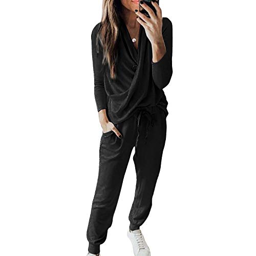 2 Piece Outfits for Women, V Neck Long Sleeve Top and Drawstring Long Pants Loungewear, Casual Sweatsuits Pajamas Set (black, S)