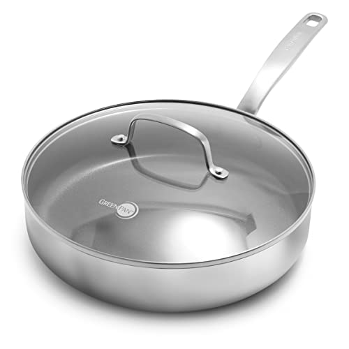 Comparison: Best Greenpan Saute Pan With Lid 10 GreenPan Chatham Tri-Ply Stainless Steel Healthy Ceramic Nonstick 3.75QT Saute Pan Jumbo Cooker with Lid, PFAS-Free, Multi Clad, Induction, Dishwasher Safe, Oven Safe, Silver