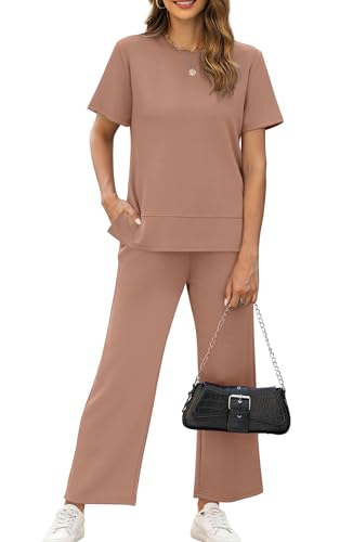 Image of XIEERDUO Women's Side Slit Lounge Sets 2026 Fashion 2 Piece Travel Outfits Cozy Loungewear Wide Leg Tracksuits S-3XL