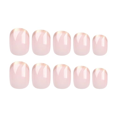 Image of Gold French Tip Press on Nails Short Fake Nails with Design Square Acrylic Glue on Nails Glossy Full Cover Nude Stick on Nail Reusable Artificial Squoval False Nail for Women Girls Manicure 24pcs
