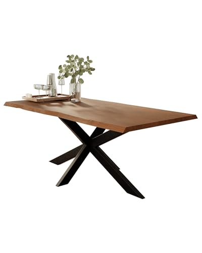 Liadomo Esstisch 160x85 Isa Nuss, Baumkantentisch, Akazie Massivholz Tisch, 26mm Tischplatte Lackiert, Robust & Pflegeleicht, Unikat, Spider-Gestell Metall schwarz