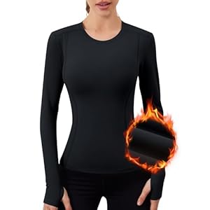 IECCP Women Theraml Sports Running Tops Long Sleeve Base Layer Fleece Tops T Shirt with Thumb Hole Lightweight for Sport Gym Yoga Workout Hiking Skiing