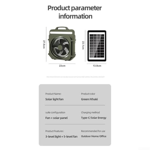 Ventilador de camping de 5 velocidades con panel solar portátil y recargable 6