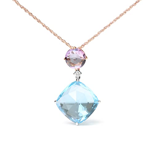Haus of Brilliance 18K White and Rose Gold Round Diamond Accent and Round Rose De France Pink Amethyst and Cushion Cut Sky Blue Topaz Dangle Drop 18" Pendant Necklace (G-H Color, SI1-SI2 Clarity)