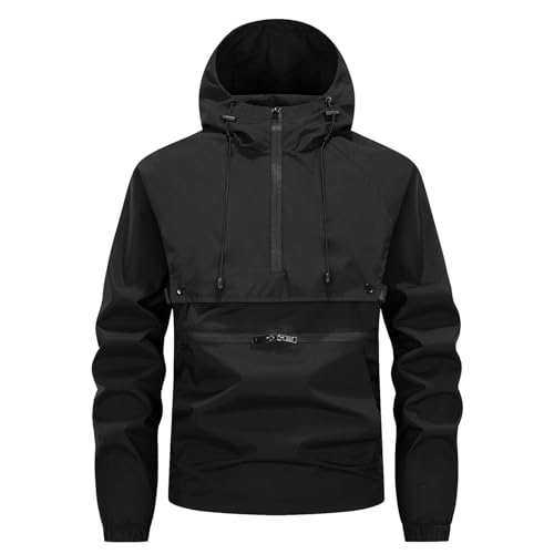 YOUTHUP Homme Veste Légère et Respirante à Capuche Coupe Vent D'extérieur Demi Zip avec Poche Loose Fit pour Jogging Gym Sport Noir XL