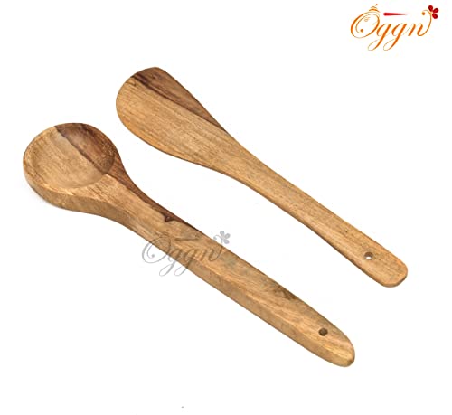 Image of Sanjeev Kapoor by OGGN Mango Wood Serving & Cooking Spoon Set of 7, Handmade Wooden Spatula Set for Cooking, Non Stick Kitchen Tools, Turner, Ladle, Pasta & Frying Spoon, Natural Cookware