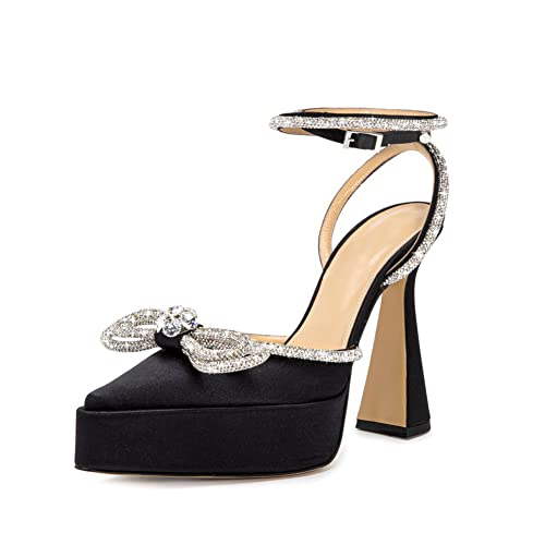 Arqa Women's Rhinestone Bow Platforms,Diamond Ankle Strap Pumps Chunky Heel Wedding Slingback Pump
