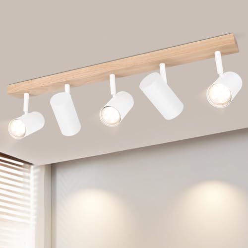 Glitzerlife Lámpara de Techo 5 Bombillas Foco de Techo Madera - Lámpara de Techo Focos de Techo Blancos GU10 Lámpara de Salón Lámpara de Pasillo de 350° Foco de Techo Pasillo para Dormitorio Cocina