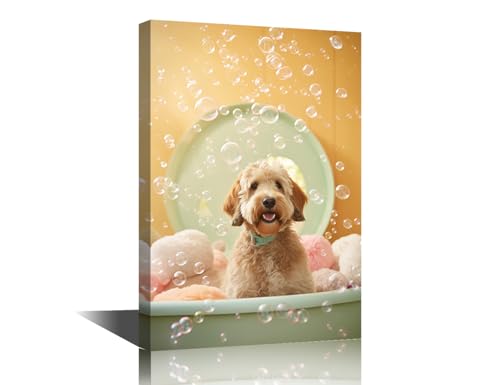 Toile murale chien baignoire cadre bois pour corriger un mur blanc vide