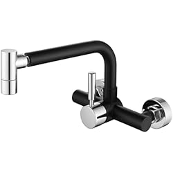 Bateria Fregadero Tondiy Grifo Cocina con 2 Modos y 2 Métodos de Instalación, Mezclador Negro de Fregadero en la Pared, Monomando con Caño Giratoria de 360°, Aireador Extraíble