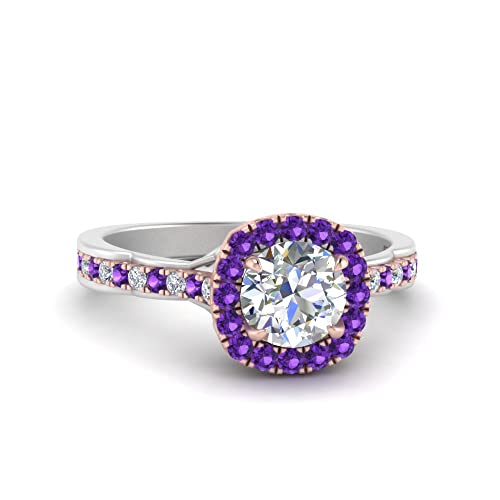 Image of Choose Your Gemstone Cathedral Halo Two Tone Engagement Ring 925 Sterling Silver Round Shape Halo Engagement Rings Lightweight Office Wear Everyday Gift Jewelry US Size 4 to 12