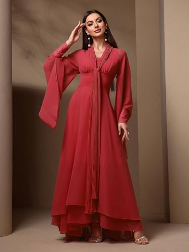 Image of TOLEEN Casual Dresses for Women Long Sleeve Flowy Swing Chiffon Maxi Dresses, Medium, Red-805