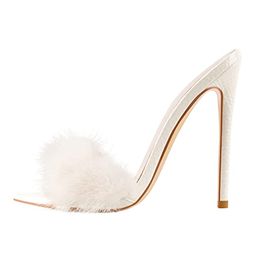 Richealnana Women's Fur Fuzzy Sexy High Heels for Women Stiletto High Heels Mules Sandals