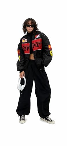Image of ZYNEX Black F1 Speed Printed Jacket | Motorsport & Streetwear Fusion | Racing Jacket with Patches, Full Zip Hooded Motorsport Style Outerwear RED