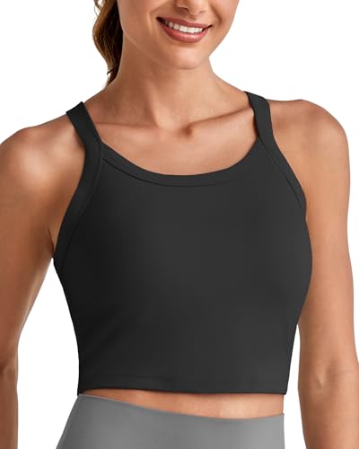 Image of G4Free Barefeel Cropped Workout Tops for Women Built in Bra Removable Padded Longline Sports Bras Racerback Yoga Tops