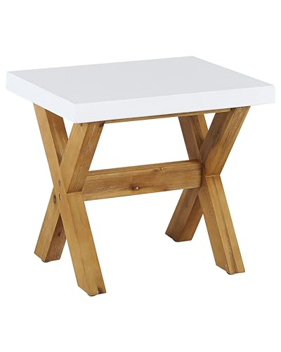 Beliani Taburete de Cemento Reforzado Blanco Madera Clara 45 cm Acacia reposapiés Olbia