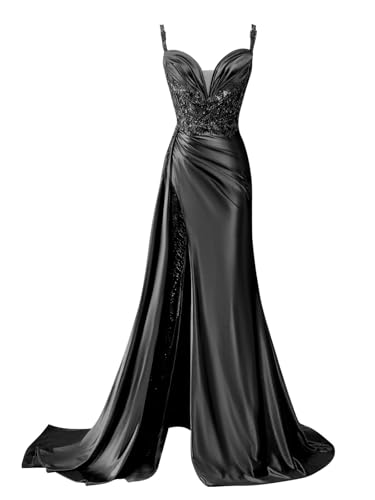 BOLENSYE Satin Mermaid Prom Dresses Long Sequin Lace Evening Party Gown with Slit Pleated Formal Dress for Women