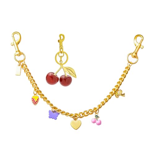 Maisinge Gold Cherry Heart Keychain Set - Fashionable Bag Charms with Double Buckle Design Enamel Pendant Purse Chains for Handbags, Car Keys & Trendy Accessories Gift Strawberry Butterfly