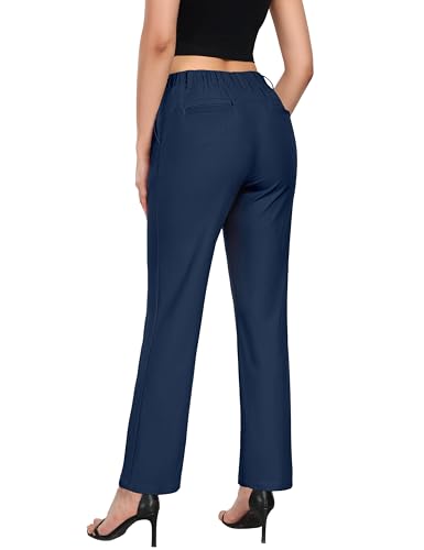 Little Donkey Andy Women's Stretchy Straight Leg Dress Pants Business Casual Elastic Waist Cropped Work Pants with Pockets Blue M3