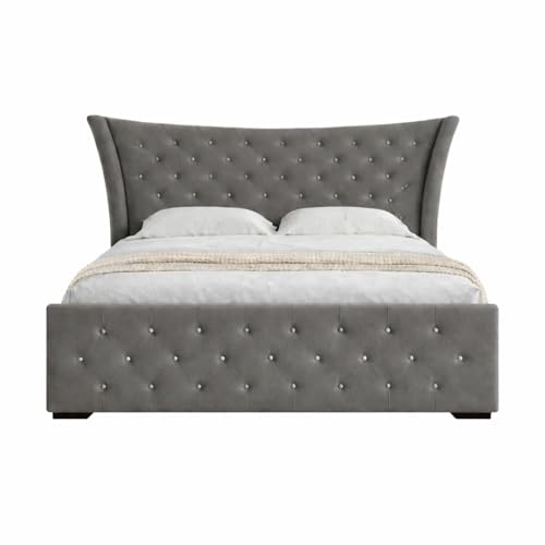 Image of Pearl Upholstered Queen Size Bed with Box Storage for Bedroom | Elegant Wooden Double Bed with Storage | Platform Cot Palang with Tufted Headboard | 6.5 x 5 Ft | Sheesham Wood | Grey