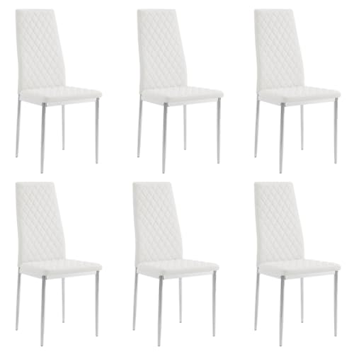 Home Detail Lot de 6 chaises de salle à manger en cuir synthétique avec pieds en métal chromé ou noir (blanc, pieds argentés)