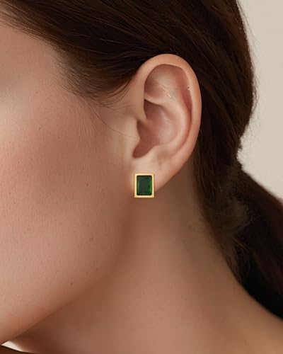 Hypoallergenic Emerald Stud Earrings for Women | 14K Gold Plated Square Green Jewelry | 8MM Vintage Women Gift for Anniversary, Sensitive Ears & Office to Party2